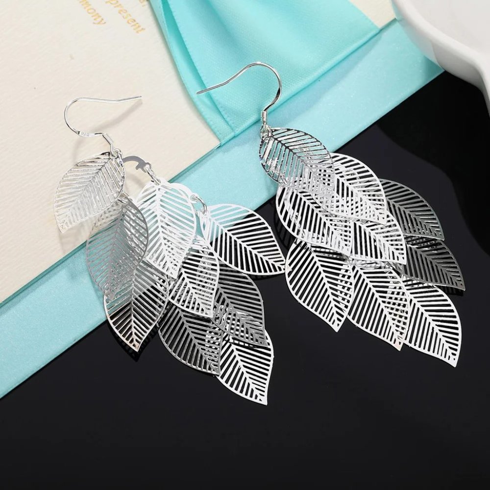 Gorgeous Hanging Leaf's .925 Sterling Silver 3 Inch Hypoallergenic Hook Earrings - Picture 5 of 7